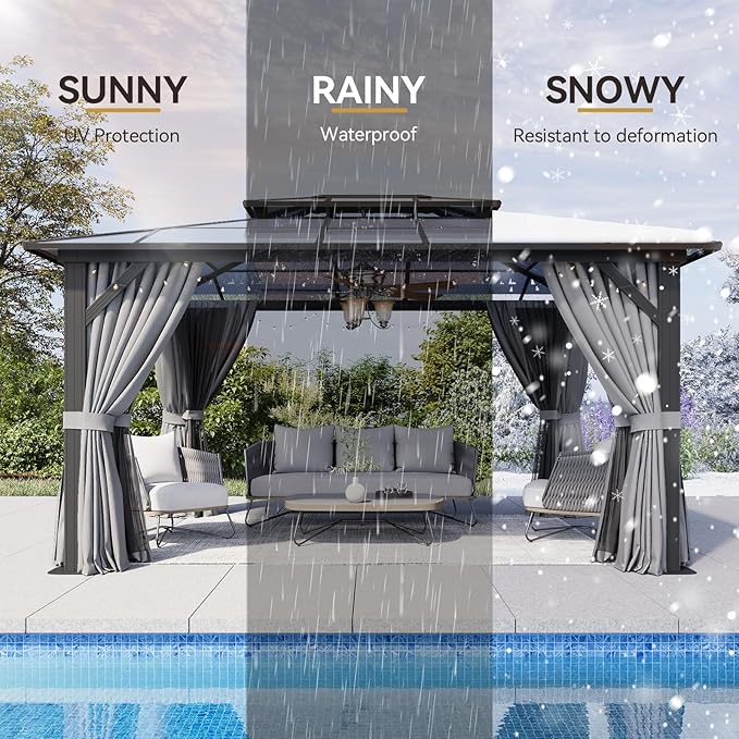 Aoxun 12'x14' Hardtop Gazebo, Outdoor Metal Gazebo with Double Polycarbonate Roof Canopy, Permanent Pavilion with Netting and Curtains for Lawn, Garden, Patio (Gray)