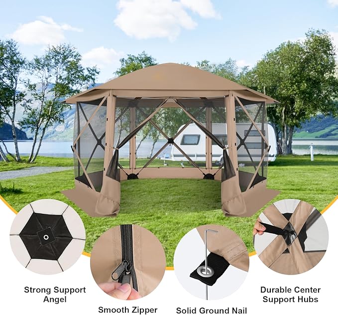 COBIZI 12x12 FT Pop Up Canopy Stargazing Tent, Gazebos On Clearance with Removable Roof, Screened in Gazebo, Screen Tents Portable carpas para Patio for Outdoor Camping,Backyard, Garden, Khaki(Pro)