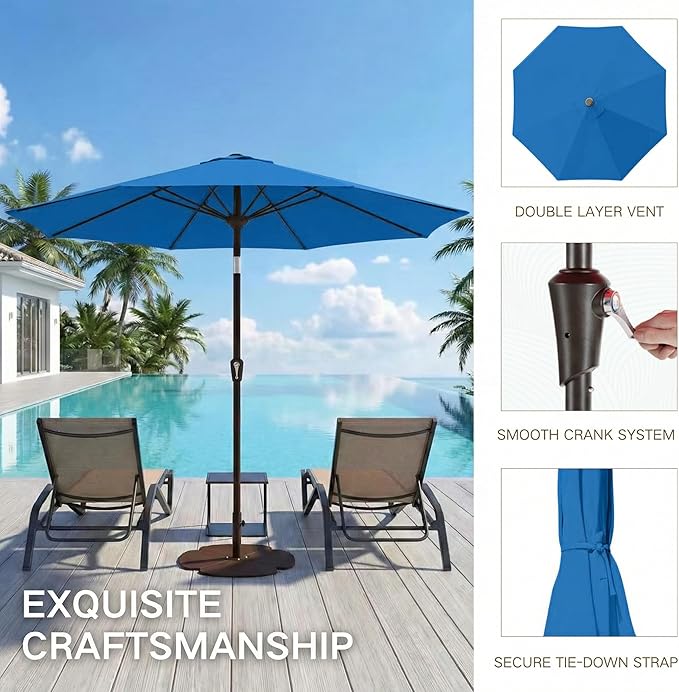 Kingdura 10FT Outdoor Patio Umbrella, Market Table Umbrella with Push Button Tilt and Crank, 8 Sturdy Fiberglass Ribs, UV Protection for Pool, Lawn, Deck, Backyard, Garden (Royal blue)