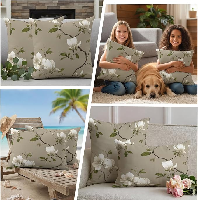 Vintage Floral Outdoor Pillow Covers 20"x20" Set of 2, Magnolia Flowers Branches Rustic Botanical Brown Waterproof Throw Pillow Covers for Patio Furniture, Decorative Cushion Covers for Porch