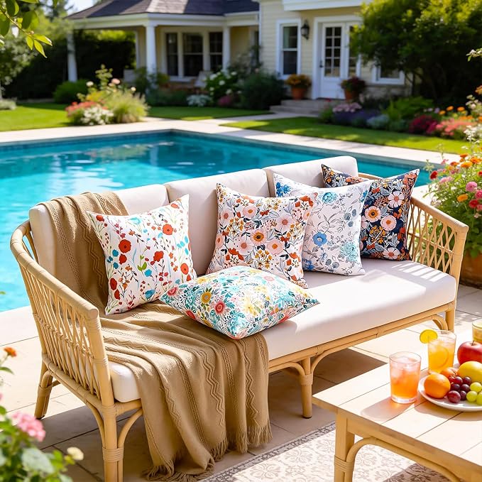 Outdoor Waterproof Pillow Covers Summer Decorative Floral Throw Pillow Covers Black Square Accent Pillows Garden Cushion Covers 16x16 Inch Set of 2 Outside Throw Pillowcase for Sofa Patio Tent Garden