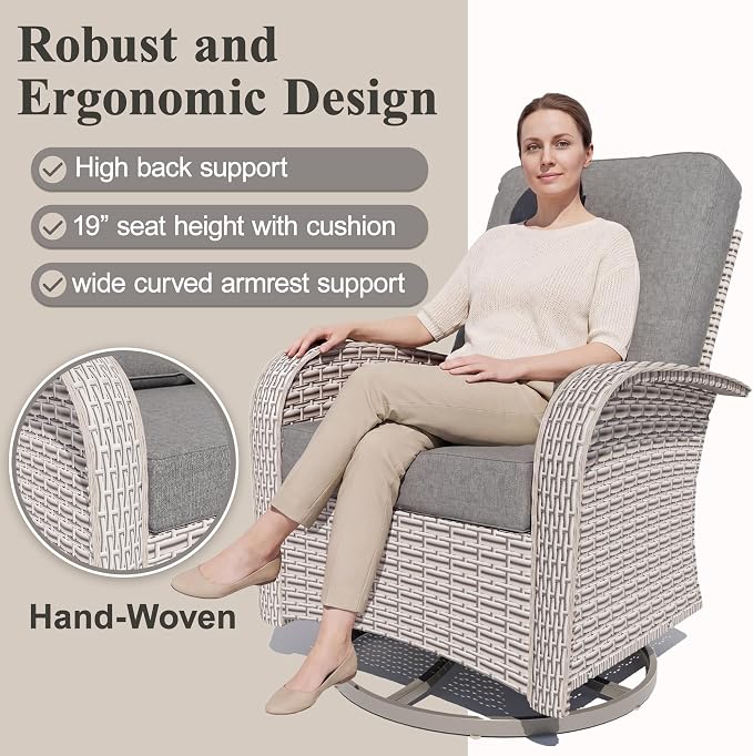 Patio Wicker Chairs Swivel Rocker, Outdoor Swivel Glider Rocker Chairs with Rattan Side Table, All Weather Conversation Set for Porch Poolside Balcony,Gray