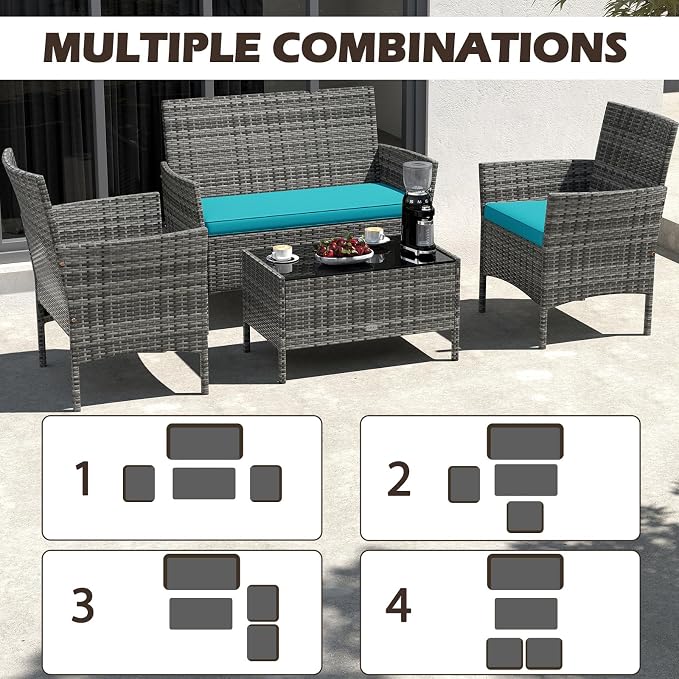 RELAX4LIFE 4-Piece Patio Furniture Set - Rattan Outdoor Conversation Bistro Set w/Cushions, Glass Coffee Table, Wicker Chairs & Loveseat for Garden Backyard Porch Balcony (1, Mix Grey-Turquoise)