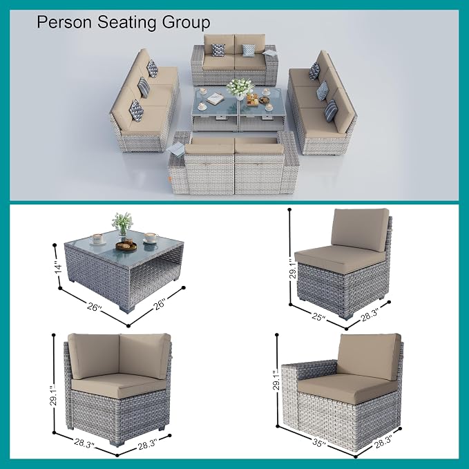 12-Piece Patio Furniture Set, Outdoor Extra Wide Armrest Modular Patio Sofa, Dual-Strand Rattan Wicker, Rust-Resistant Frame, Backyard High Back, Large Seat Furniture for Porch Garden Balcony, Khaki