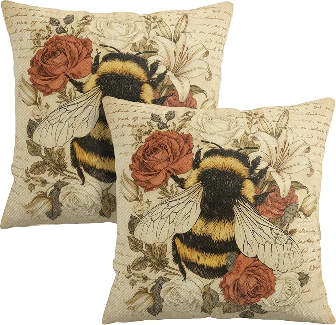 Vintage Bee Pillow Covers Spring Summer Throw Pillow Covers 18x18 Bumblebee with Rose Lily Flower Pillow Cases Retro French Script Honeybee Floral Cushion Cases for Home Sofa 2 Pack