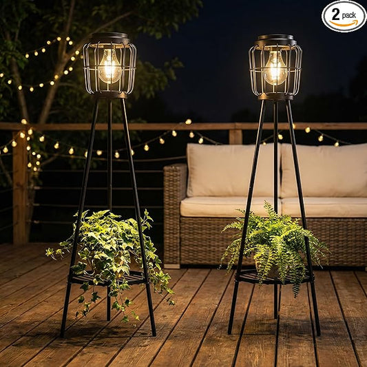 VISFLAIR 2 Pack Solar Lights with Plant Stand, Outdoor Floor Lamp, Waterproof Solar LED Edison Bulb Floor Lamps for Patio Porch Deck Yard Garden Decor