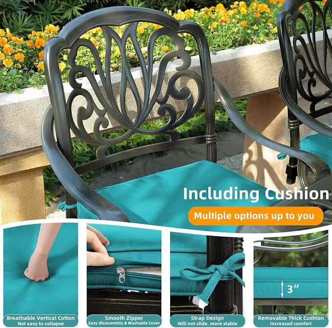 MEETWARM 9-Piece Outdoor Patio Dining Set, All-Weather Cast Aluminum Patio Conversation Set- 8 Cushioned Swivel Rocker, 61" Round Patio Dining Table w/Detachable Lazy Susan/Umbrella Hole, Ocean Blue