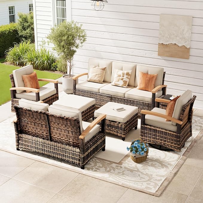 MEISSALIVVE 7 Pieces Outdoor Patio Furniture Sets, Wicker Patio Conversation Sets with 2 Wood Armrests Swivel Glide Chairs, Outdoor Couch for Deck Yard and Poolside (Beige)