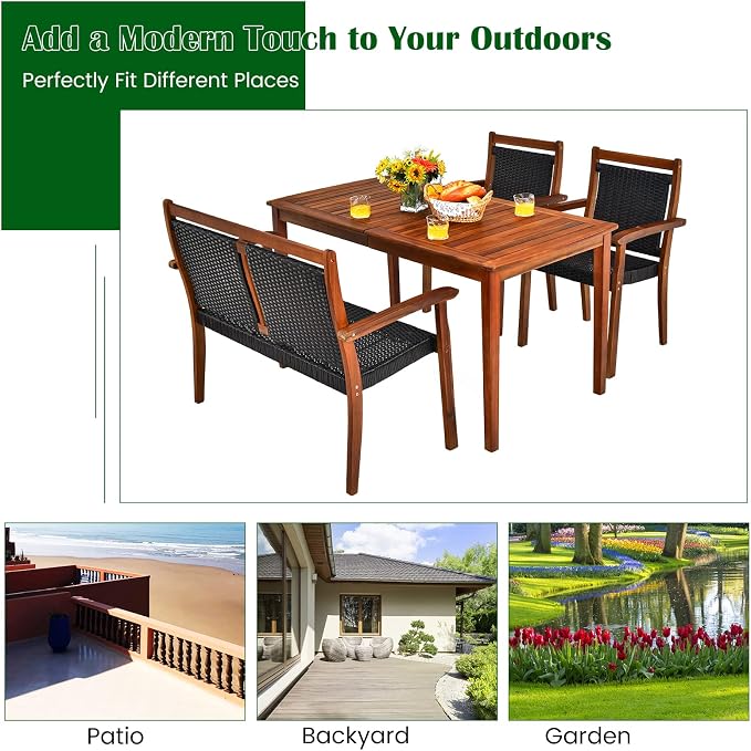 COSTWAY 4 Piece Patio Rattan Dining Furniture Set, Outdoor Acacia Wood Frame Loveseat, Chairs and Table Set with Umbrella Hole for Garden, Backyard, Lawn