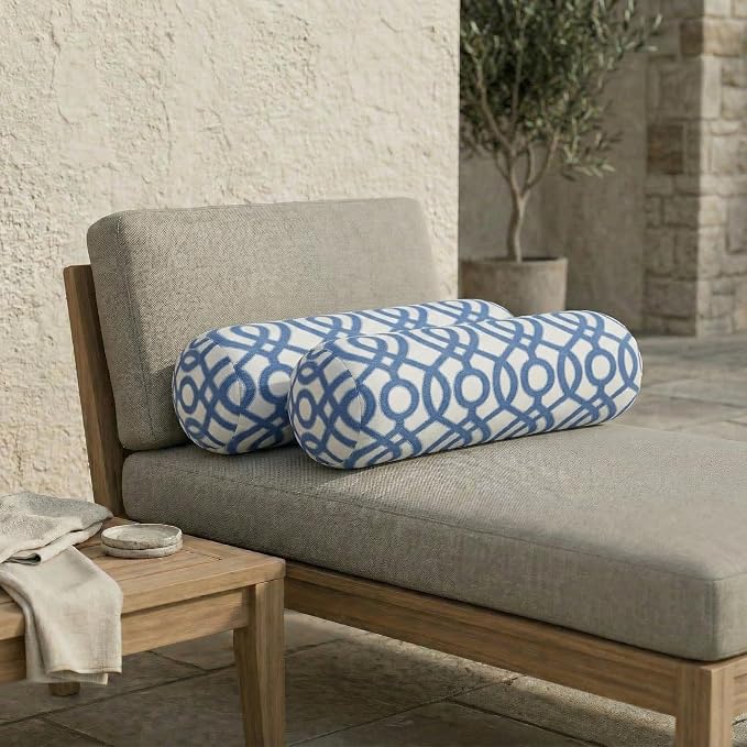 RSH DECOR: Neck Roll Jumbo Bolster Pillows Set of 2 | 24” x 8" | All-Weather Spun Fabric | Water and Fade-Resistant | Outdoor Support Pillows for Patio Furniture | Made in USA (Capilla Blue)