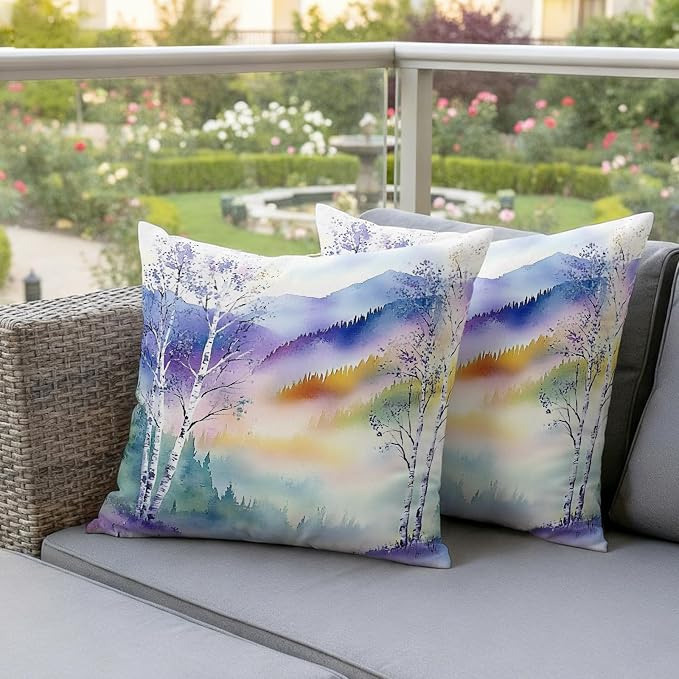 Forest Landscape Outdoor Pillow Covers Set of 2 Watercolor Yellow Purple Green Mountain Peaks Tree Waterproof Throw Pillow Cover Decorative Cushion Cases for Patio Porch Garden 18X18 Inch