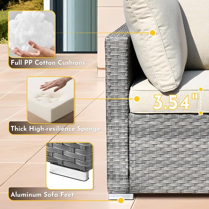 Weaxty 5 Pieces Patio Furniture Sets,Wicker Outdoor Sectional Sofa with Thicken Cushion and Rattan Coffee Table,Patio Conversation Couch Set for Porch, Balcony,Yard, Poolside,Beige