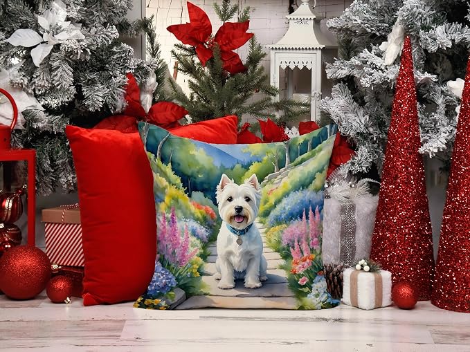 Caroline's Treasures Westie Spring Path Throw Pillow Machine Washable, Indoor Outdoor Decorative Pillow for Couch, Bed or Patio, 14Hx14W