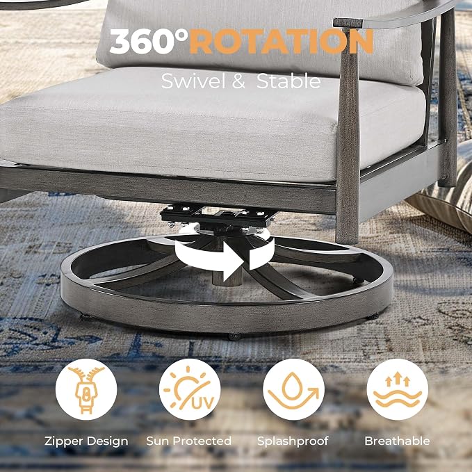 HAPPATIO Outdoor Furniture Set - 5 Piece Aluminum Patio Conversation Set with 1 Coffee Table, 2 Swivel Chairs, Loveseat and 3-Seat Sofa, Aluminum Patio Furniture Set for Backyard Deck Poolside (Grey)