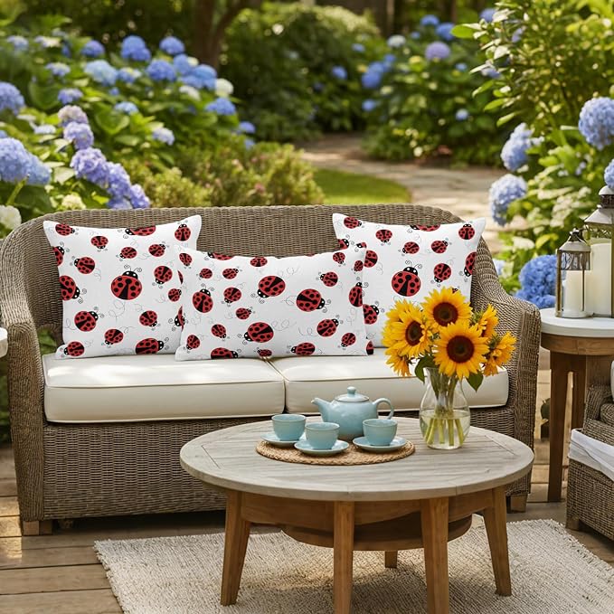Cartoon Ladybug Outdoor Pillow Covers 20x20 Inch Throw Pillow Covers Set of 2 Waterproof Decorative Pillow Cases Funny Animals Dot Modern Simple Cushion Covers for Patio Furniture Garden Couch Sofa