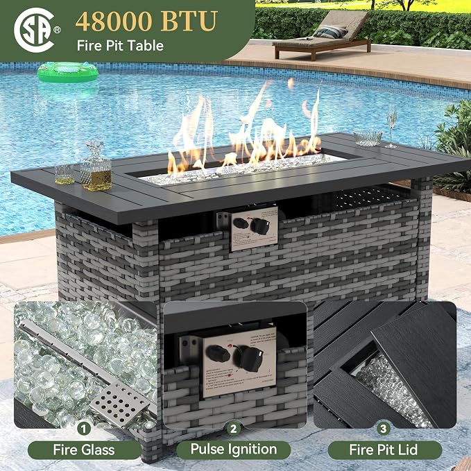 Aoxun 8 Piece Patio Furniture Set with 44” Fire Pit Table Paito Conversation Set Wicker Rattan Outdoor Sectional Sofa Set with Thickened Cushions (Grey/Blue)