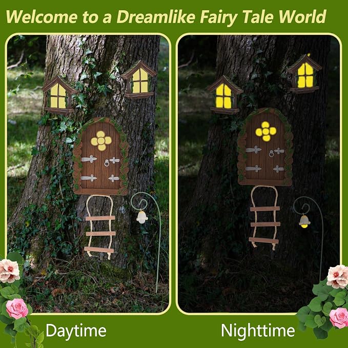 Fairy Door and Windows for Trees Outdoor, Glow in The Dark Fairy Doors Miniature Fairy Garden Accessories, Yard Art Sculpture Decoration Fairy Garden Decor with Lantern for Outside, Patio (Ladder)