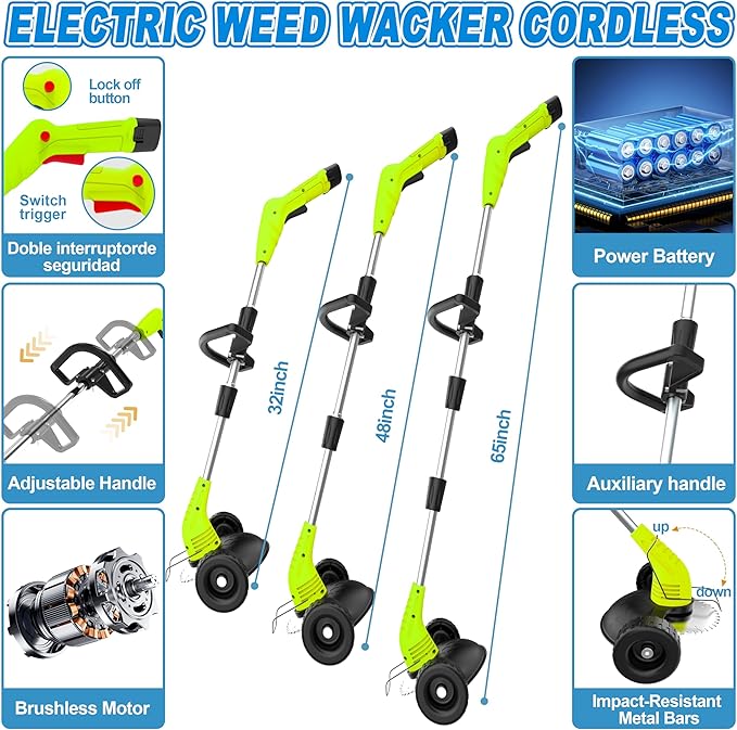 Electric Weed Wacker Cordless, 12V Battery Powered Weed Eater Cordless with 65inch Adjustable Pole, Lightweight (3.72lbs) Grass Trimmer Cutter/Edger/Mower with 2 Types Blade for Yard Lawn and Garden