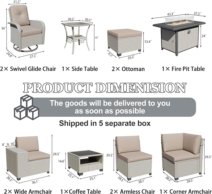 12-Piece Outdoor Patio Furniture Set with Fire Pit, Modular Sectional Sofa Set with Swivel Rocker Chairs & Ottomans, Wicker Outdoor Couch Conversation Sets w/Coffee Table and Cushions, Khaki