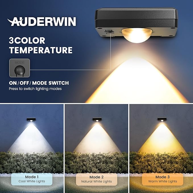 AUDERWIN Solar Fence Lights Outdoor Waterproof 16 Packs, Fence Lights Solar Powered, 3 Lighting Modes LED Lens Light for Wall, Backyard, Deck, Patio, Step, Stair, Porch, Pool Decor