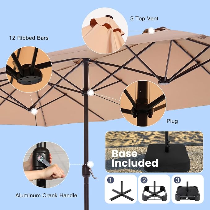 VICLLAX 8 Pieces Patio Dining Set with Wheat Umbrella, 6 Stakable Wicker Outdoor Chairs and Patio Rectangular Table with Umbrella Hole for Backyard Lawn Deck, Black Tabletop