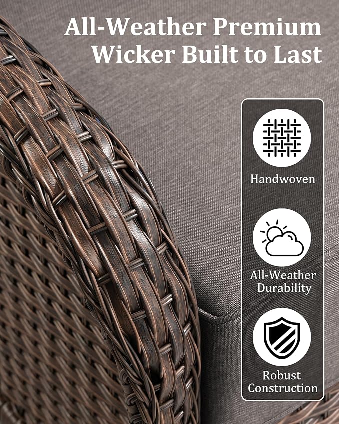 5-Piece Luxury Patio Furniture Set with 6-Inch Thick Cushions, High-Back Outdoor Swivel Rocker Chairs & Wicker 42" Fire Pit, All-Weather Conversation Set for Porch, Deck, Balcony or Backyard – Gray
