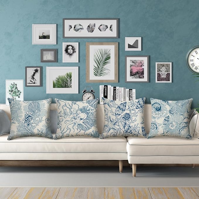 Outdoor Waterproof Throw Pillow Covers 18x18 inch Set of 4 Seahorse Seashell Coastal Toile Pillow Cases Blue Sea Coral Decorative Cushion Covers for Sofa Couch