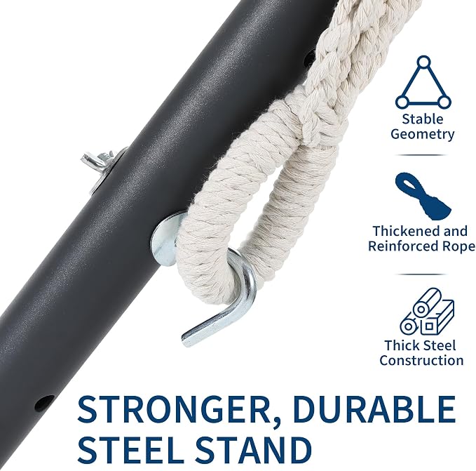 Double Hammock with Foldable Steel Stand and Carry Bag, 450LBS Weight Capacity Indoor Outdoor Standing Hammock, Portable Cotton Hammock for Garden Patio Camping Beach