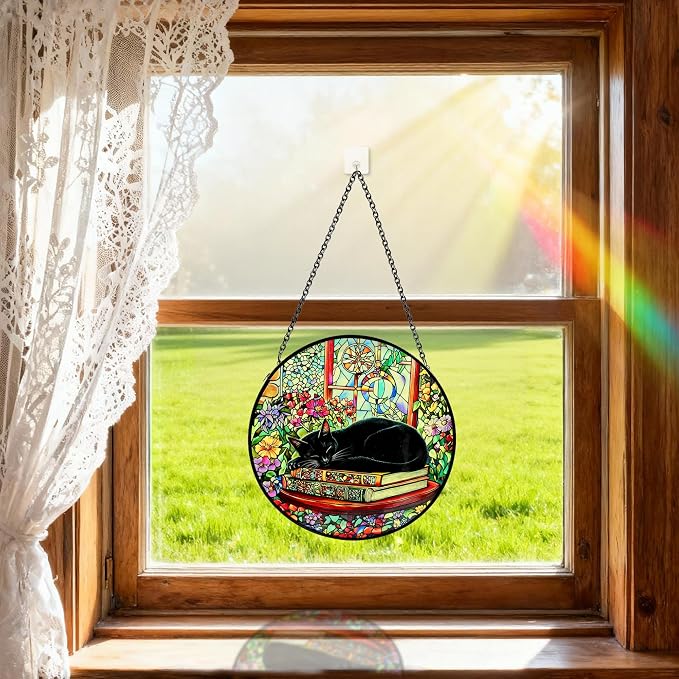 Cat Stained Glass Suncatcher Window, Hanging Sun Catchers Indoor Window, Suncatcher for Nana/Mom/Women (Black Cat)