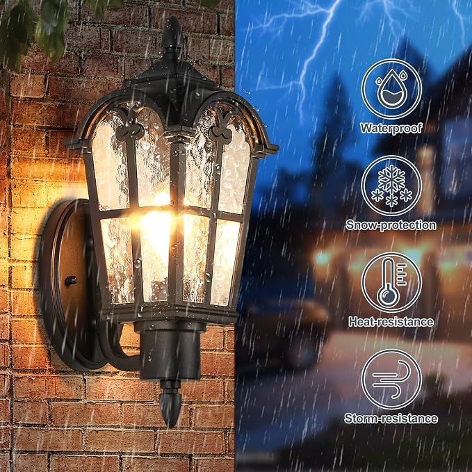 16’’ Large Outdoor Wall Light Fixtures, Exterior Wall Lantern Sconces | Waterproof, Rust-resistant, Matte Black, Water Ripple Glass, Quick & Easy Installation, Retro & Traditional