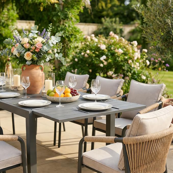 SUNSITT 9 Piece Outdoor Patio Dining Set, 63" - 105" Aluminum Expandable Outdoor Dining Table and 8 Woven Wicker Patio Chairs w/Curved Backrest for Garden, Dark Grey