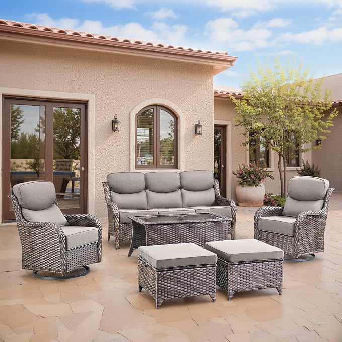 Swivel Patio Chairs sofa Set of 6 with 6" Thick Cushion - Wicker Outdoor Swivel Rocker Patio Chair ,Sofa/Glass coffee table, High Back Comfortable Outdoor Glider Chairs - Brown Wicker | Gery Cushions