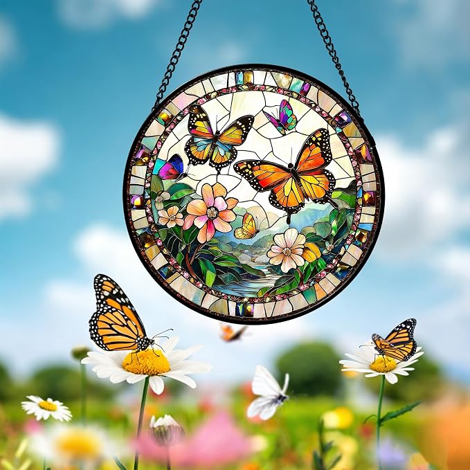 DASTOLL Stained Glass Window Hanging, Butterflies Flying in the Sky Suncatcher for Doors Home Sun Catchers Decoration and Christmas, Mother's Day Birthday Gifts for Women, Men, and Mom 9.8 in