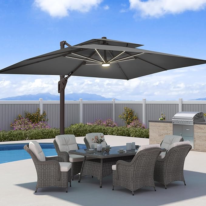 9x12 FT Patio Umbrella with Weighted Base and LED Lights Cantilever Outdoor Large Heavy Duty Rectangle Aluminum Offset Umbrellas Double Top 360 Rotation for Pool Deck Garden, Grey