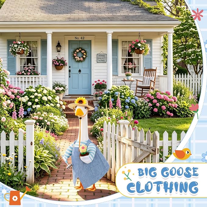 FuWeave Spring Summer Goose Outfit Overalls Gardener Porch Goose Clothes for 23" Large Statue Outdoor Patio Yard Lawn Art Decoration