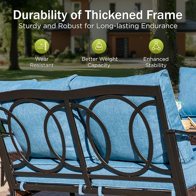 PHI VILLA Patio Furniture Set, Upgraded Wicker & Metal Modern Outdoor Conversation Sets Patio Sectional Fixed Chair Set with Coffee Table & Waterproof Thick Cushions for Porch, Deck(6 Pieces, Navy)