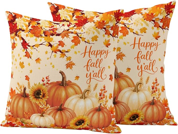 Orange Fall Waterproof Outdoor Pillow Covers 16''x16'' Set of 2, Maple Tree Branch Thanksgiving Pumpkin Patio Cushion Covers for Chairs,Decorative Countryside Leaves Pillow Cases for Garden/Pool/Beach