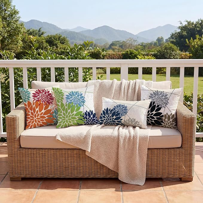 OTOSTAR Outdoor Dark Blue Light Blue Pillow Covers 12x20 Inch Set of 2 White Flower Throw Pillows Farmhouse Geometric Dahlia Floral Lumbar Cushion Case Waterproof Decor for Sofa Patio Funiture Garden