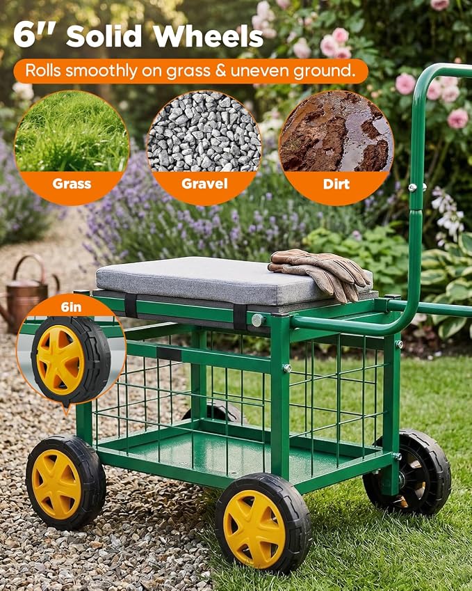 Saker Rolling Work Seat with Wheels - 15.7'' EVA Padded Stool, 500 lb Steel Frame, Large Storage Basket - Patio Lawn Backyard Cart for Gardening Tasks (Luxury Version)