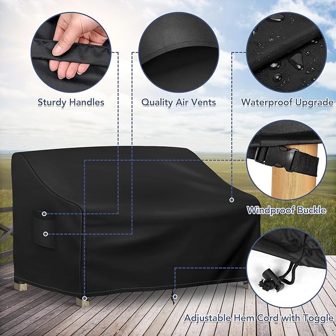 Richwon Outdoor Couch Cover Waterproof, 3-Seater Outdoor Sofa Cover, Patio Furniture Covers with Air Vent and Handles, 78W x 33D x 32H Inches, Black