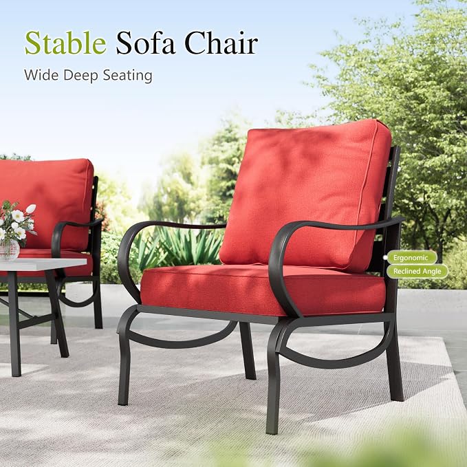 Sophia & William Patio Furniture Sets for 7 Outdoor Conversation Set 6 Pcs with 4 x Armrest Cushioned Sofa Chairs, 1 x 3-Seat Sofa, 1 Marbling Metal Coffee Table Garden Backyard Poolside Red
