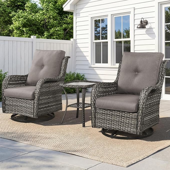 Belord 3 PCS Patio Furniture Set - Mixed Grey Wicker Swivel Rocking Chair Set with Side Table