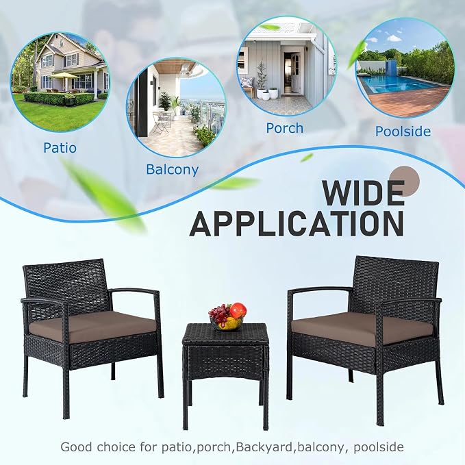 PROHIKER 3 PCS Patio Rattan Conversation Bistro Chairs Set, Outdoor Patio Furniture Wicker Bistro Set with Coffee Table for Garden Porch Balcony Yard Lawn, Brown