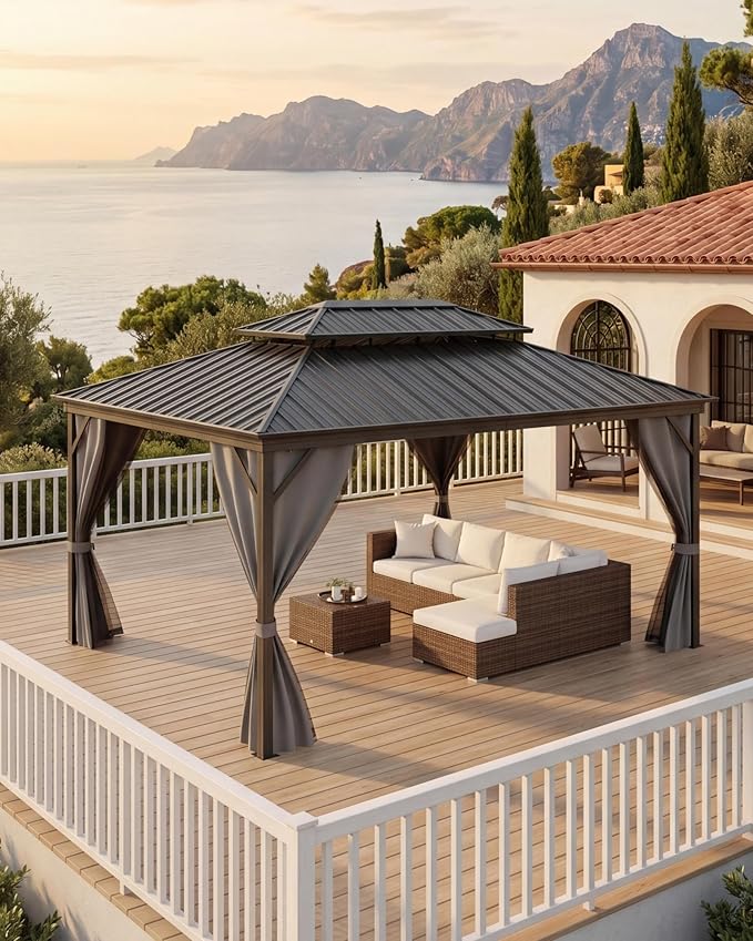Hardtop Gazebo 12x16 ft, with Double Metal Roof, Net, and Curtain, Pergola for Patio, Deck, Backyard, Lawn, and Garden