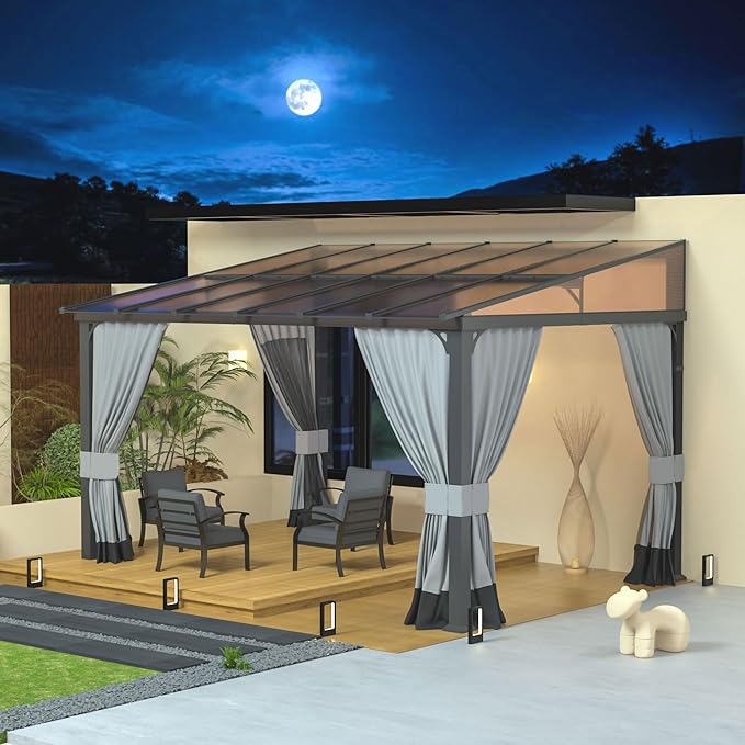 10' x 12' Lean to Gazebo,Large Wall Mount Heavy Duty Gazebos Pavilion,Outdoor Hardtop Pergola Shelter with Curtains and Netting,Sunshade for Patio Garden Lawn Backyard Deck,Grey