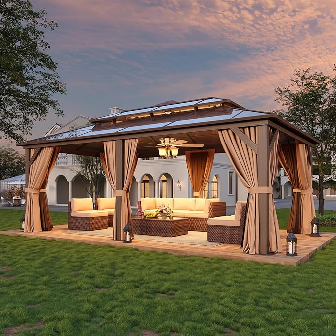 12’x20’ Hardtop Gazebo with Double Polycarbonate Roof Outdoor Metal Gazebo Sturdy Aluminum Frame & Removable Curtains, Netting Permanent Pavilion Pergola for Garden,Patio,Lawn (Brown)