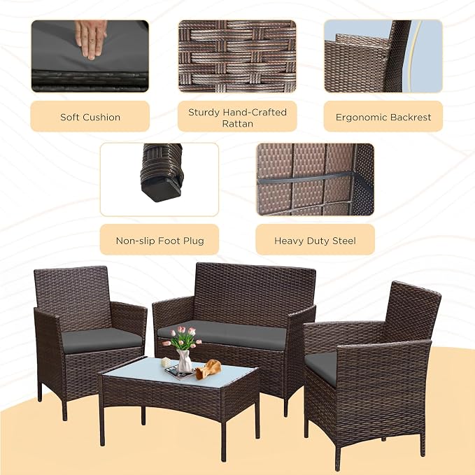 PROHIKER 4 Piece Outdoor Wicker Patio Conversation Furniture Set, Rattan Chair Wicker Sofa Garden Conversation Sets with Cushion and Glass Table for Yard Pool or Backyard, Brown/Dark Gray