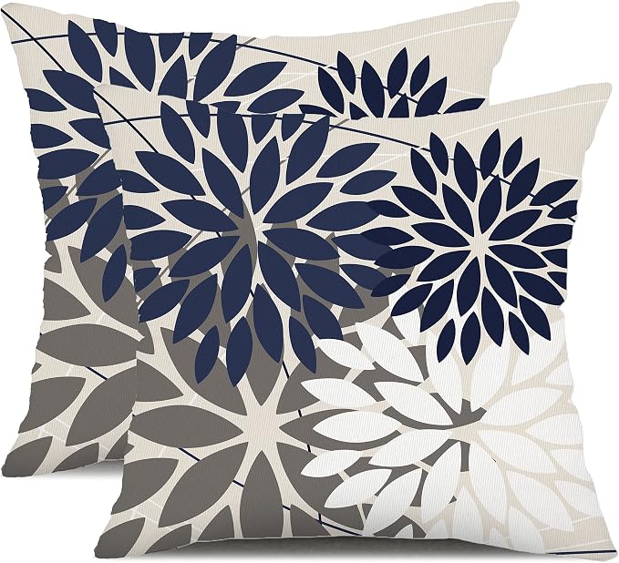 DFXSZ Pack of 2 Outdoor Waterproof Throw Pillow Covers 16x16 NavyBlue Grey | Polyester Colorful Spring Summer Floral Decorative Cushion Cases(NO INSERT),For Couch Patio Funiture Garden Home Decor