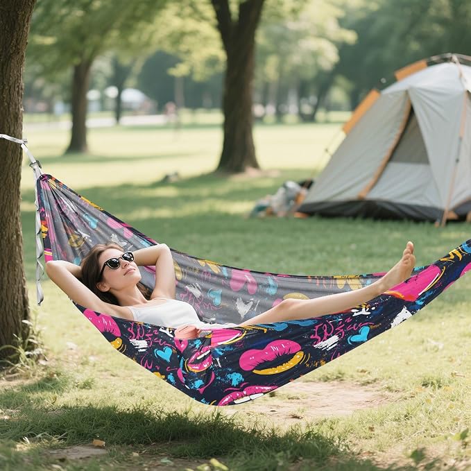 Camping Hammock Outdoor Hammocks for Outside Mouth Heart Graffiti Grunge Beach Trees Portable Lightweight with Pockets Tree Straps Indoor