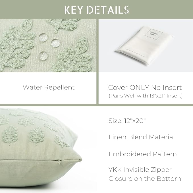 Crumbs Home Modern Farmhouse California Casual Indoor Outdoor Lumbar Pillow Cover, 12"x20" Water Repellent for Patio, Backyard, Couch, Poolside, Light Green Embroidered Leaves